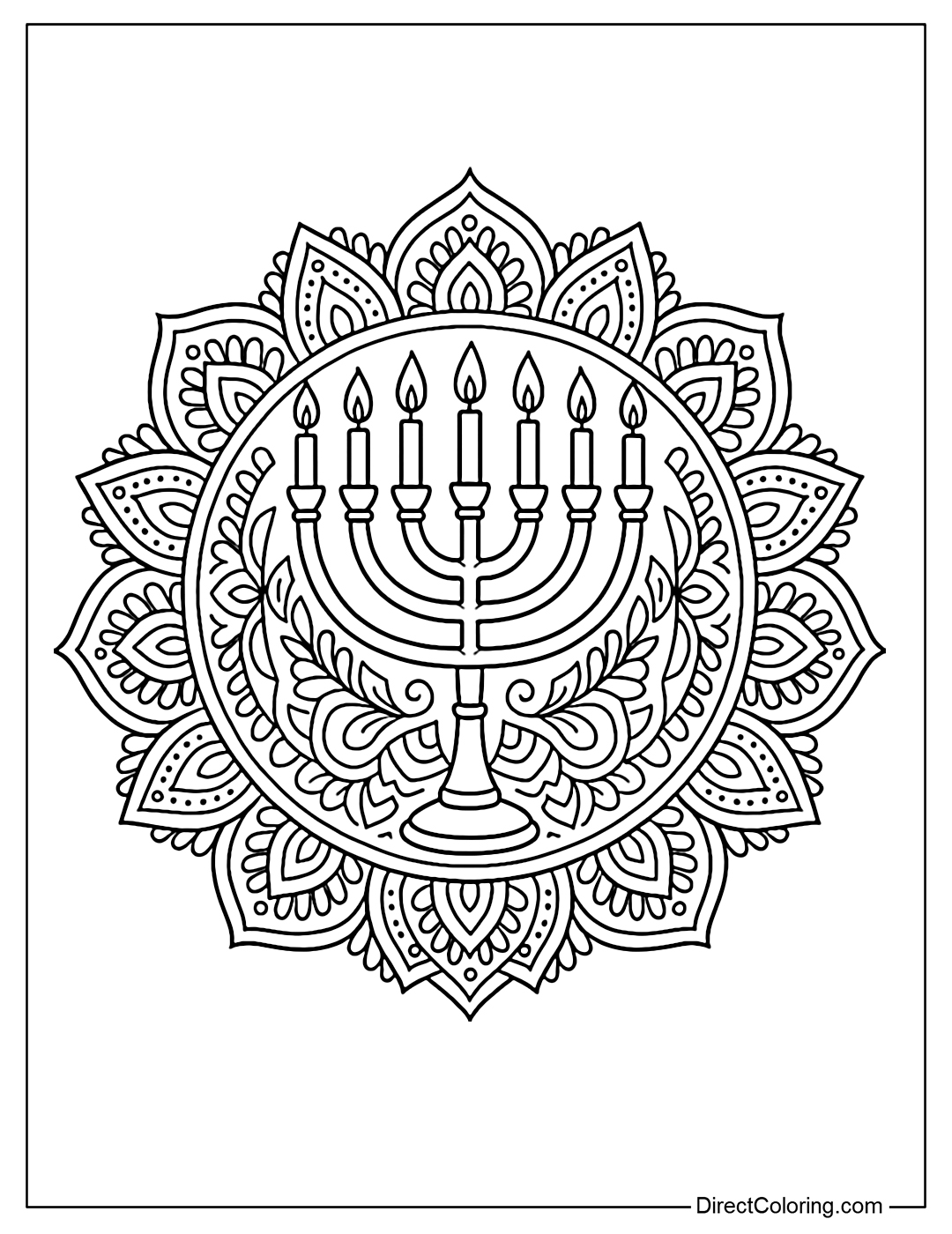 Menorah coloring page with 7 branches embedded in a symmetrical mandala pattern